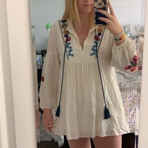 Zara White Embroidered Peasant Dress